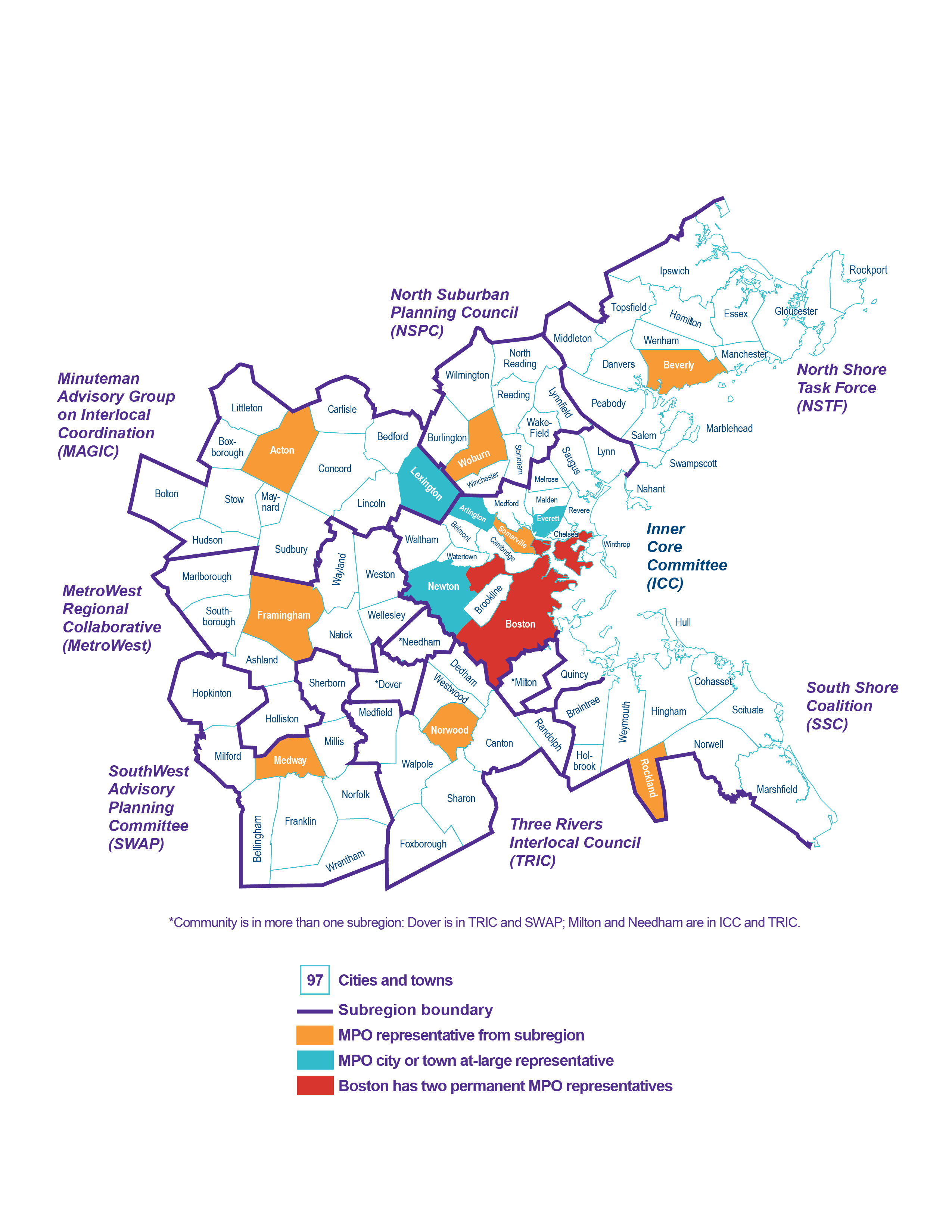 Map of the Boston Region MPO's municipalities showing subregional boundaries and MPO membership representation
